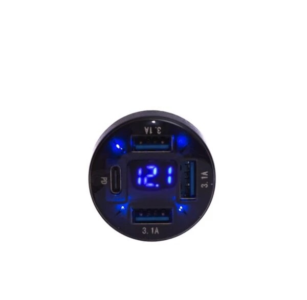 Вольтметр цифровой в прикуриватель 12-24 V  0.22  4 порта USB (3USB 3.1A + PD ) синие свечение