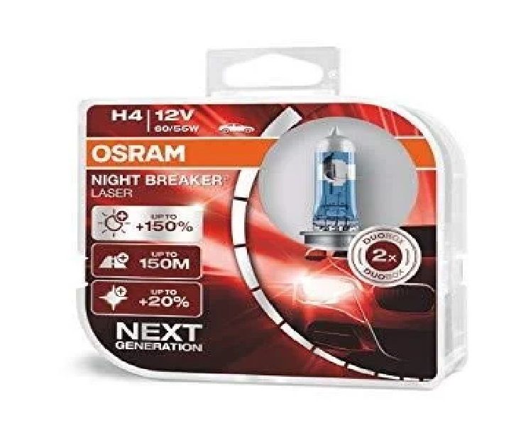 Лампа галогеновая 12в Н4-43t  60/55w NIGHT BREAKER LASER NEXT GENERATION НА 150% БОЛЬШЕ СВЕТА, ДО 150М ДЛИНЕЕ СВЕТОВОЙ ЛУЧ, DUOBOX (2ШТ)