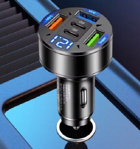 Вольтметр цифровой в прикуриватель 12-24 V  0.22 5 портов USB (2USB 3.1A + Super+2PD) синие свечение фото 3